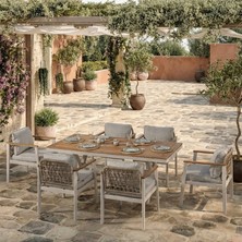 Huteras Onyx Alüminyum Iroko Ahşap 6 Kişilik Bahçe Masa Takımı 100X200 Minderli Sandalyeli Krem