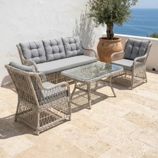 Huteras Ecem Rattan 3+1+1 Bahçe Balkon Oturma Grubu El Örgü Cam Sehpalı Minderli Gri