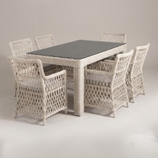 Huteras Roza Rio Rattan 6 Kişilik Bahçe Masa Takımı 90X150 Koyu Cam Tablalı El Örgü Yemek Seti Açık Gri