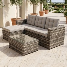 Huteras Rattan L Köşe Bahçe Oturma Grubu Şezlong Uzantılı Cam Sehpalı Minderli Balkon Teras Gri