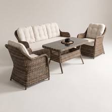 Huteras Elika Rattan 3+1+1 Bahçe Balkon Oturma Grubu Cam Sehpalı Krem Minderli Kahve