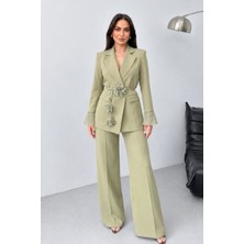 Msm Fashion Kadın Ceket Pantolon Takım Elbise Şık Bol Paça Nervürlü Kolu Tül Detaylı Çiçekli Bağcık Kemerli Blazer Ceket Pantolon Alt Üst Takım