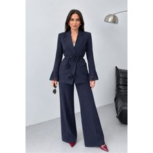 Msm Fashion Kadın Ceket Pantolon Takım Elbise Şık Bol Paça Nervürlü Kolu Tül Detaylı Çiçekli Bağcık Kemerli Blazer Ceket Pantolon Alt Üst Takım