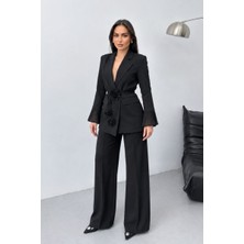 Msm Fashion Kadın Ceket Pantolon Takım Elbise Şık Bol Paça Nervürlü Kolu Tül Detaylı Çiçekli Bağcık Kemerli Blazer Ceket Pantolon Alt Üst Takım