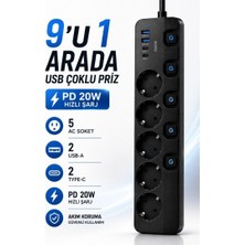 Raylax 5'li Akım Korumalı USB Çoklu Priz 2 Usb-A 2 Type-C Pd 20W Hızlı Şarj Anahtarlı Grup Priz 3680W (2 Metre)