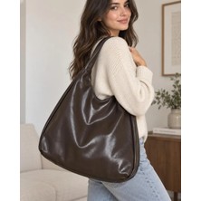 RoseBuy Bags Kadın Kahverengi Büyük Boy Yumuşak Dokulu Hobo Omuz Çantası
