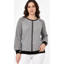 Etki Moda Kadın Önü Taş Şerit Detaylı Simli Triko Bluz