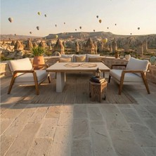 Huteras Gold Alüminyum 3+1+1+Sehpa Bahçe Balkon Oturma Grubu Iroko Ahşap Kolçaklı Krem