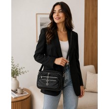 RoseBuy Bags Kadın Siyah Çok Gözlü Çapraz Omuz Çantası – Fermuar Detaylı Günlük Kullanım