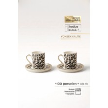 Leopard Luxe Gerçek Altın Yaldızlı Leopar Desenli 4 Parça 2 Kişilik Porselen Kahve Fincan Takımı 100 ml