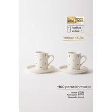 Golden Hearts Gerçek Altın Yaldızlı Kalpli 4 Parça 2 Kişilik Porselen Kahve Fincan Takımı 100 ml