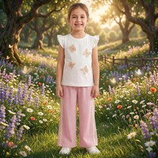 Erca Home Tekstil Ürünleri Pamuklu Suprem Kumaş Inci Kelebekli Rahat Kalıp Kız Takım 3y,4y,5y,6y Kız