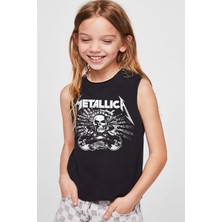 ROCKANDROLL Metallica Kurukafa Siyah Kesik Kol / Kolsuz Kız Çocuk T-Shirt