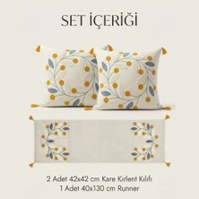 Destiva Home Papatya Punch Nakışlı Papatya Desenli Kırlent Runner Seti 2 Kare Kırlent 1 Runner Boho Dekoratif Salon Seti
