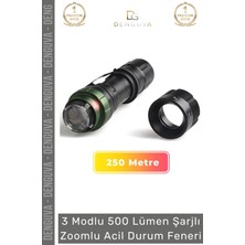 Denguva Premium Üretim Beyaz Işık 250 Metre Menzilli 3 Modlu 500 Lümen Şarjlı Zoomlu Acil Durum Feneri