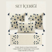 Destiva Home Punch Nakışlı Papatya Desenli Kırlent Runner Seti 2 Kare 1 Dikdörtgen Kırlent 1 Runner Dekoratif Set