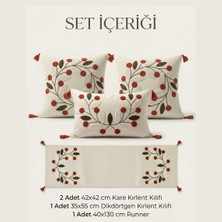 Destiva Home Punch Nakışlı Papatya Desenli Kırlent Runner Seti 2 Kare 1 Dikdörtgen Kırlent 1 Runner Dekoratif Set