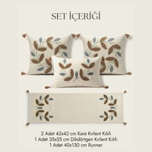 Destiva Home Punch Nakışlı Papatya Desenli Kırlent Runner Seti 2 Kare 1 Dikdörtgen Kırlent 1 Runner Dekoratif Set