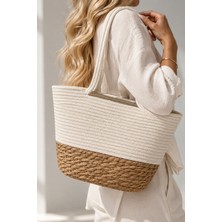 Naturel Dekor Doğal Bohem Beyaz Detay Askılı Oval Hasır Omuz Çantası 39x46 cm, Bambu, Rattan, Jüt, Sepet, İskandinav, Modern