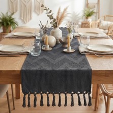 Destiva Home Püsküllü Zigzag Desenli Dokulu Masa Örtüsü Dekoratif Salon ve Mutfak Masa Runner