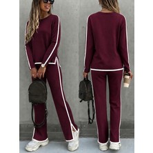 Trend Metkar Kadın Uzun Kollu Bisiklet Yakalı Yan Şerit Detaylı Yırtmaçlı Viskon Iki Iplık Bluz ve Pantolon Ikili Takım