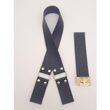 Angel Çanta Aksesuar 70X4 cm Suni Deri Çanta Saplı Kapaklı Lacivert Çanta Seti Light Gold Metalli