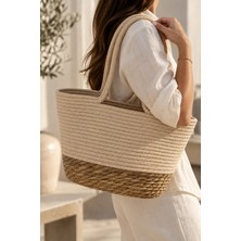 Naturel Dekor Doğal Bohem Bej Detay Askılı Oval Hasır Omuz Çantası 39X46 Cm, Bambu, Rattan, Jüt, Sepet, Iskandinav, Modern