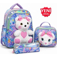 Giyu Shop Gigi Luxe Kız Çocuk Ilkokul Çantası З'lü Set Peluş Detaylı Sırt Çantası Beslenme Çantası Kalemlik