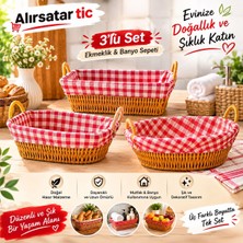 Taçev Hasır Ekmeklik Banyo Dekoratif 3 Lü Sepet Seti Yuvarlak Dikdörtgen ve Oval Rattan Bezli