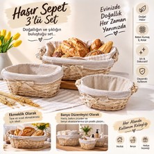 Taçev Hasır Ekmeklik Banyo Dekoratif 3 Lü Sepet Seti Yuvarlak Dikdörtgen ve Oval Rattan Bezli