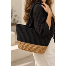 Naturel Dekor Doğal Bohem Siyah Detay Askılı Oval Hasır Omuz Çantası 39X46 Cm, Bambu, Rattan, Jüt, Sepet, Iskandinav, Modern