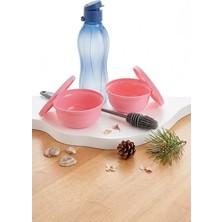 Tupperware Eco Matara 500 ml Mavi + 2'li Pembe Atıştırmalık Kabı 200 ml ve Silikon Şişe Temizleme Fırçası Seti