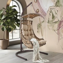 Huteras Alaçatı Rattan Tek Kişilik Bahçe Salıncağı Tenteli Yan Gövdeli Minderli Açık Kahve