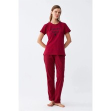 MTM My The Mall Giyim Kadın Bordo Kalp Desenli Kısa Kollu Penye Pijama Takımı