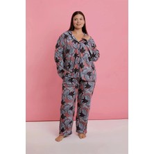 MTM My The Mall Giyim Kadın Büyük Beden Somon Yaprak Desenli Düğmeli Pijama Takımı