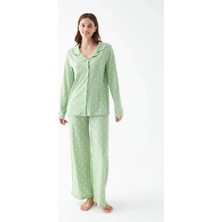MTM My The Mall Giyim Kadın Yeşil Kalp Desenli Düğmeli Pamuklu Pijama Takımı