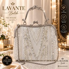 Lavante Butik Kadın Beyaz Taşlı Uzun Zincir Askılı Taşlı Mini Portföy Abiye Çanta Çift Taraflı Taş Abiye Çanta Özel Gün Çantası