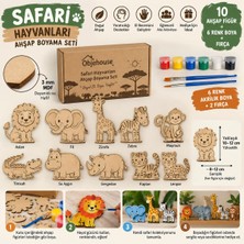 Wesank Objehouse Safari Hayvanları Ahşap Boyama Seti, 10 Mdf Figür, 6 Renk Boya, 2 Fırça