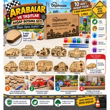 Wesank Objehouse Arabalar ve Taşıtlar Ahşap Boyama Seti, 10 Mdf Figür, 6 Renk Boya, 2 Fırça