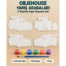 Wesank Objehouse Yarış Arabaları 2 Boyutlu Boyama Seti, 4 Figür, 6 Renk Boya, 1 Fırça