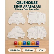 Wesank Objehouse Şehir Arabaları 2 Boyutlu Boyama Seti, 4 Figür, 6 Renk Boya, 1 Fırça