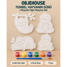 Wesank Objehouse Tembel Hayvanın Günü 2 Boyutlu Boyama Seti, 4 Figür, 6 Renk Boya, 1 Fırça
