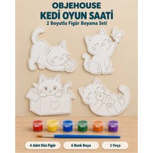 Wesank Objehouse Kedi Oyun Saati 2 Boyutlu Boyama Seti, 4 Figür, 6 Renk Boya, 1 Fırça