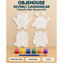 Wesank Objehouse Sevimli Canavarlar 2 Boyutlu Boyama Seti, 4 Figür, 6 Renk Boya, 1 Fırça