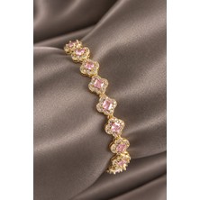 Serelya Pirinç Zirkon Taşlı Pembe Yonca Baget Model Gold Renk Vıp Seri Kadın Bileklik