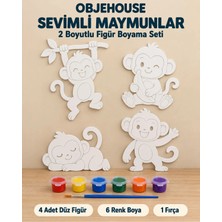 Wesank Objehouse Sevimli Maymunlar 2 Boyutlu Boyama Seti, 4 Figür, 6 Renk Boya, 1 Fırça