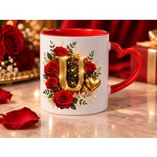 Aion Casa Aıon Casa U Harfli Kırmızı Gül Desenli Kalp Kulplu Kupa Bardak 325 ml