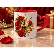 Aion Casa Aıon Casa A Harfli Kırmızı Gül Desenli Kalp Kulplu Kupa Bardak 325 ml