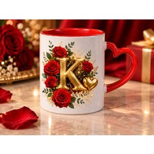 Aion Casa Aıon Casa K Harfli Kırmızı Gül Desenli Kalp Kulplu Kupa Bardak 325 ml