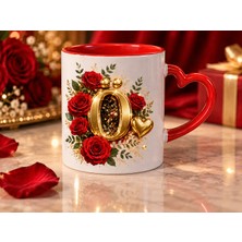 Aion Casa Aıon Casa Ö Harfli Kırmızı Gül Desenli Kalp Kulplu Kupa Bardak 325 ml